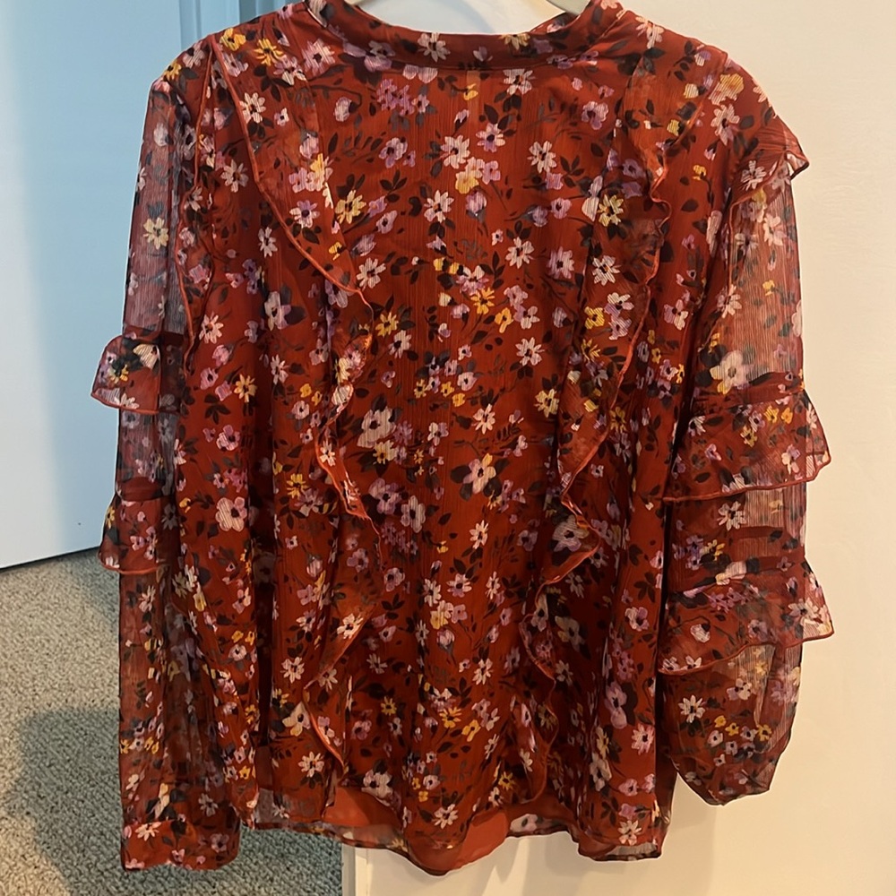 Ann Taylor Floral Ruffle Mock Neck Top - Picture 2 of 6